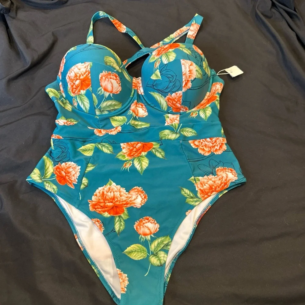 Cupshe Teal Floral Underwire One Piece Swimsuit Orange‎ Rose Print Size 0X NWT
